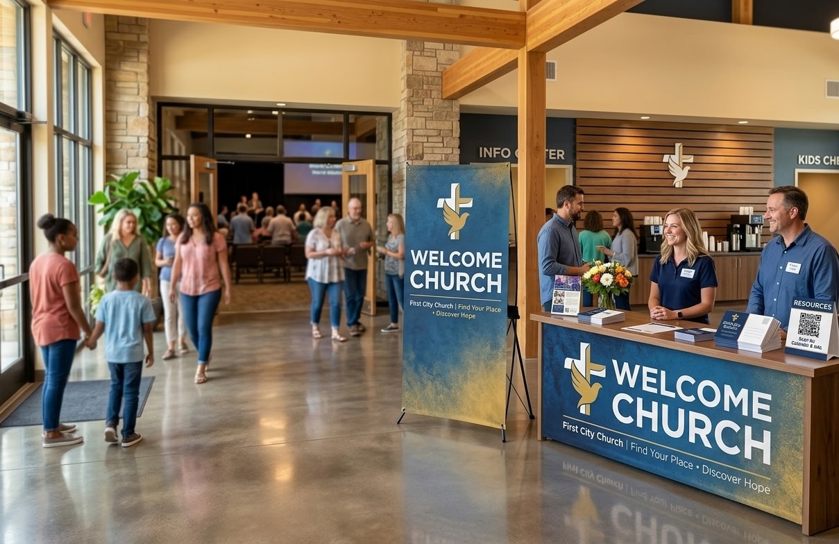 Church entrance with clear directional signage and welcoming banner display