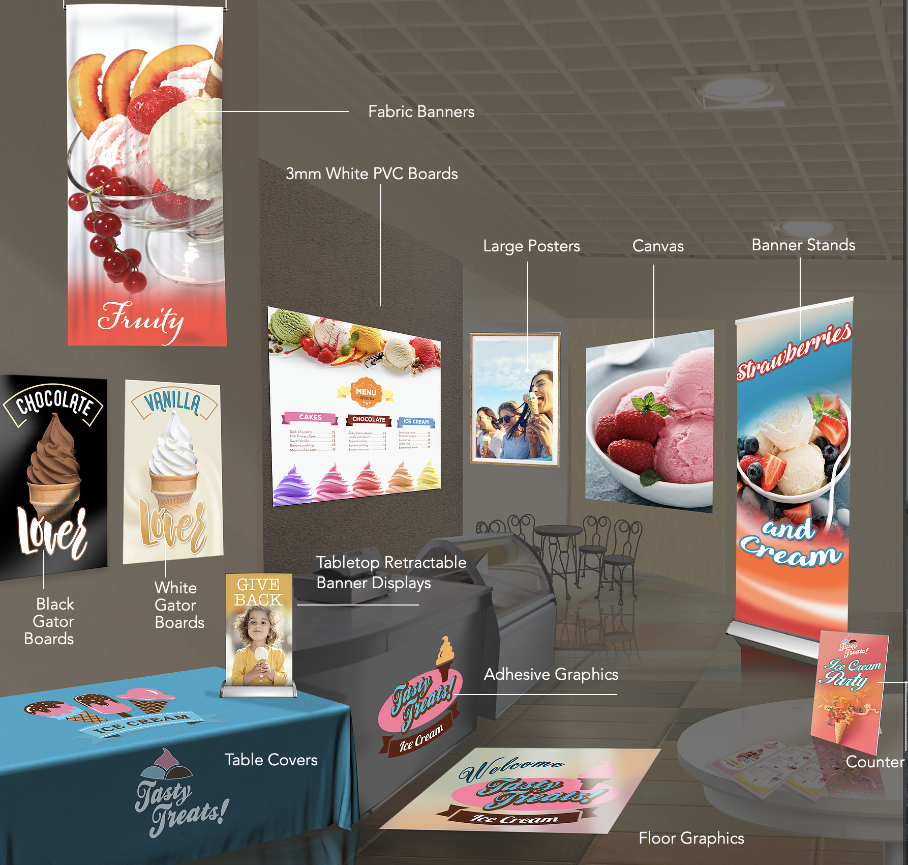 Premium indoor business signage displays featuring acrylic and rigid boards in a modern office lobby